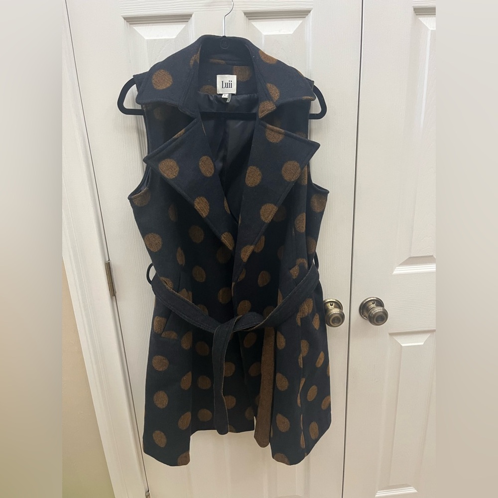 Luii Polka Dot Wool blend Sleeveless Open Front Duster vest jacket Size large